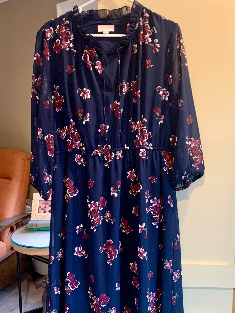 LOFT Navy Floral 3/4” Sleeve Midi Dress with Burgundy & Cream Blooms